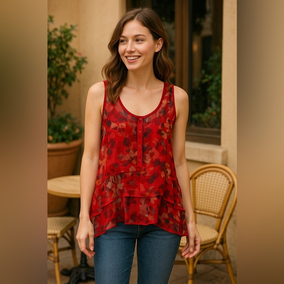 Aerie Red Floral Sheer Inset Neckline Sleeveless Tiered Hem LNWOT Sz M #843 - Picture 1 of 7